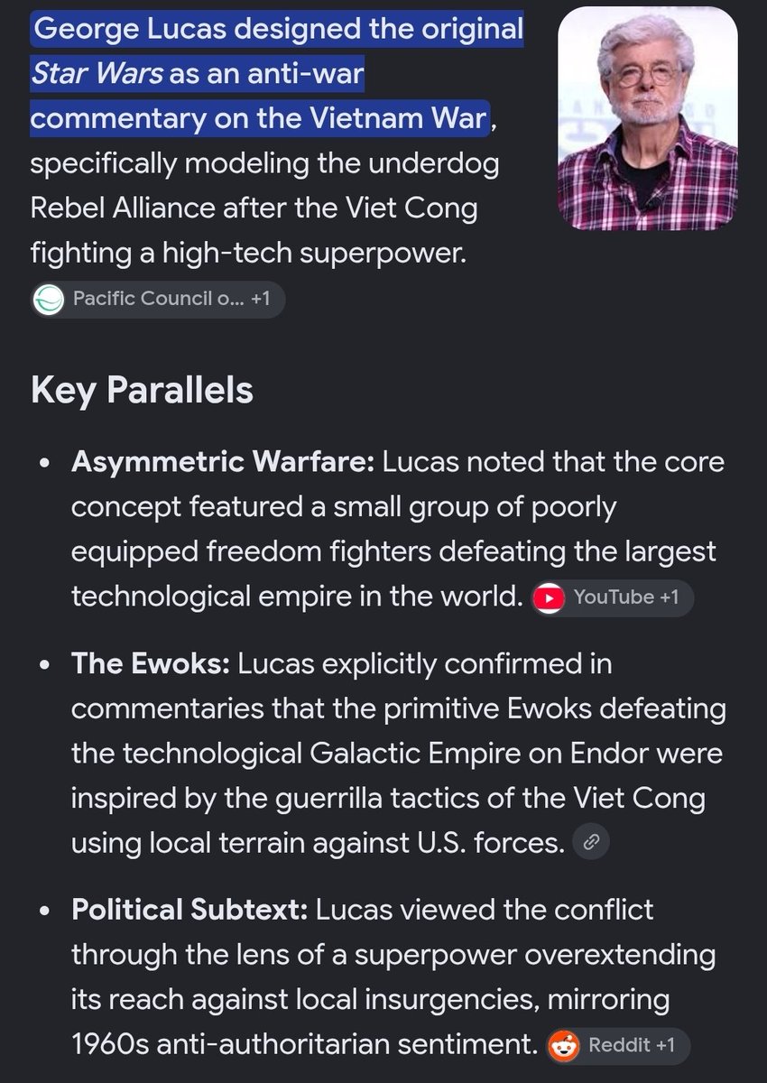 JeddOBrien's tweet photo. @TheBackrooms26 @esjesjesj What! Hang on a minute are you trying to say George Lucas might have drawn inspiration from something like the Vietnam War for the original trilogy. No way he would have the USA as an allegory for the Empire and based the Rebels on the Viet Cong😮
You're a moron. https://t.co/Rjd0aABfqb