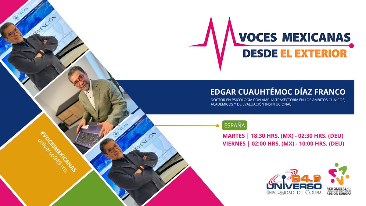 UNIVERSO949's tweet photo. El próximo invitado de #VocesMexicanasDesdeElExterior, es el Dr. Edgar Cuauhtémoc Díaz Franco, quien nos compartirá sus experiencias profesionales que contemplan una trayectoria amplia en los ámbitos clínico, académico y de evaluación institucional ▶️ https://t.co/EqMWb8lg0x https://t.co/H4M3OrRIXg