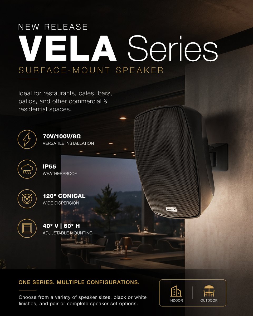 soundtowninc's tweet photo. More configurations. More possibilities. Introducing the new Sound Town VELA Series—weatherproof surface-mount speakers for indoor and outdoor commercial and residential installations, available as individual pairs or complete multi-zone systems.
https://t.co/kWRhbuXzMy https://t.co/SXtZmAHcop
