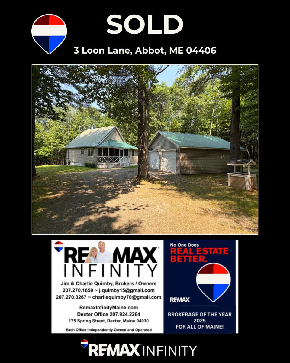 RemaxInfinityME's tweet photo. 🏡Sold with REMAX Infinity in Abbot, Maine

📍3 Loon Lane, Abbot, ME 04406

📞REALTORS® Jim &amp; Charlie Quimby | 207-270-1659
🌐https://t.co/fkDNAx9qAF
📍Dexter 207-924-2264 | Greenville 207-695-2945

#Sold #AbbotME #MaineRealEstate #REMAXInfinity https://t.co/xOAdQPNKmU