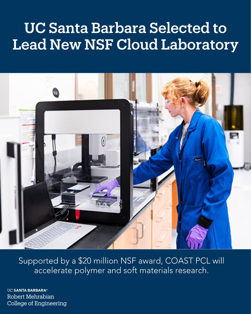 UCSBengineering's tweet photo. UC Santa Barbara has been selected to lead the NSF's new COAST PCL, backed by a $20 million award. The cloud laboratory will help researchers remotely design AI-powered materials experiments. Read more: https://t.co/UqOMLDnAXW https://t.co/iSlUHmZGNj