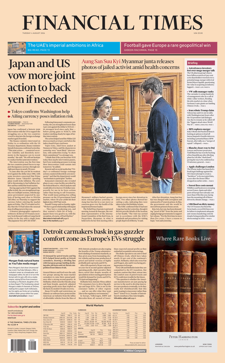 FT's tweet photo. Just published: front page of the Financial Times, international edition, Tuesday August 4 https://t.co/oIs3XY8Yg1 https://t.co/c8w0ubJWnA