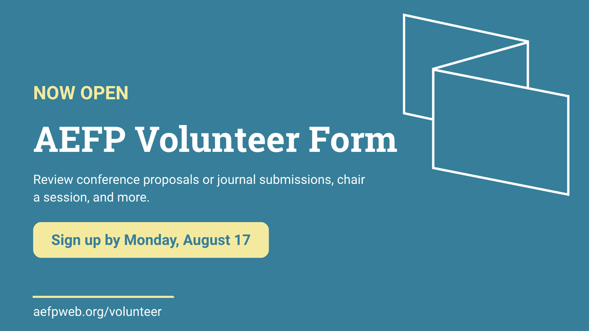aefpweb's tweet photo. Want to get more involved with AEFP? Review proposals, chair a session, mentor a member, and more. And to everyone who's already given their time to AEFP: thank you!

The 26-27 AEFP Volunteer Survey closes Monday, August 17. Learn more and sign up here: https://t.co/aVE05wcYVa https://t.co/uh6yT9MO0O