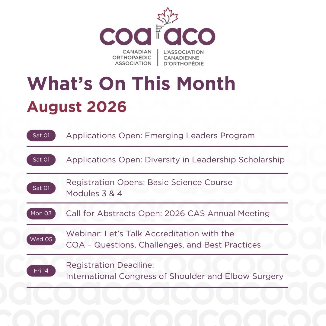 CdnOrthoAssoc's tweet photo. Get ready to step into a new month with the Canadian Orthopaedic Association!

Mark your calendars as we highlight the latest in education, events and important deadlines.

Stay connected and informed with everything that's coming up in the month of August by visiting our website: https://t.co/4t3pVuxYYO

Questions surrounding any of our activities this month? Email info@canorth.org

#CdnOrthoAssoc #COAMember