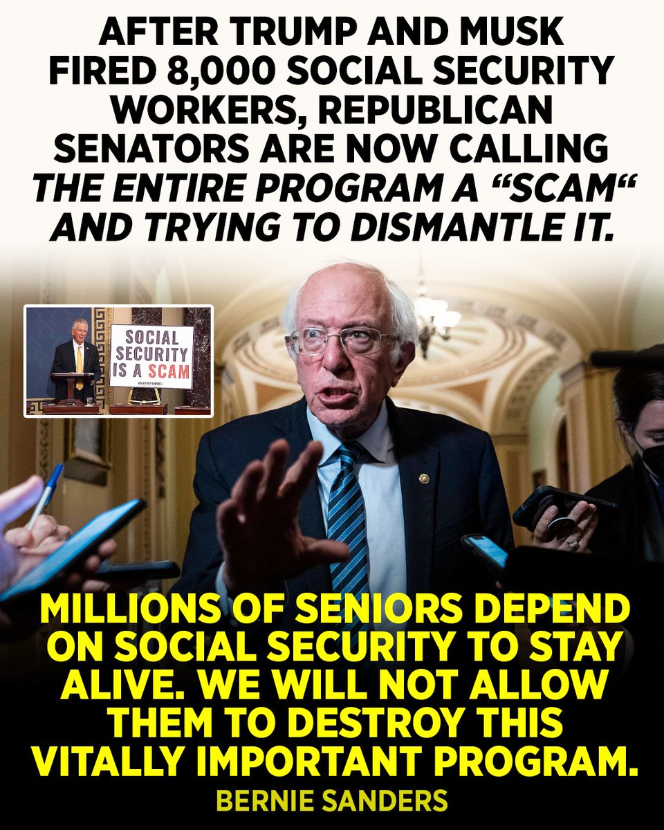 SSWorks's tweet photo. Millions of people rely on Social Security to stay alive.

Social Security isn’t a “scam”.

Social Security is America’s most dependable, efficient, and popular program– we need to protect these earned benefits, not cut them.

@SenSanders https://t.co/1hFcKIFv5f