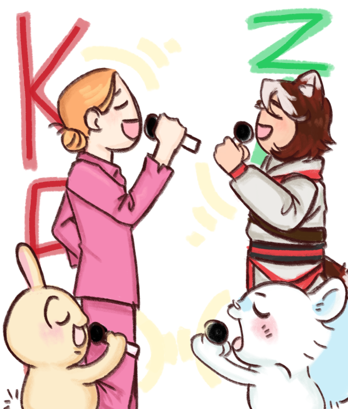 Alex_wowza's tweet photo. 3: business rival toxicduo singing it out! Ft usagi and momonga #katiebmonth https://t.co/chfwIFFO1c