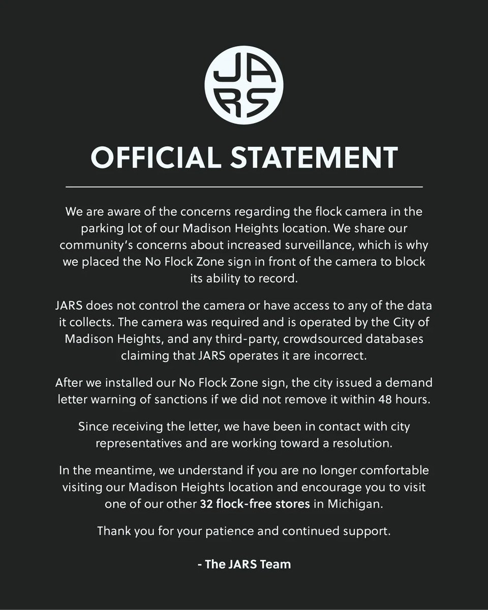 OrwellDay's tweet photo. JARS Cannabis put out this statement regarding the Flock camera that was installed in their parking lot.

Thanks to @LPMaricopa for sending this to me. https://t.co/Pi4odFC4gX