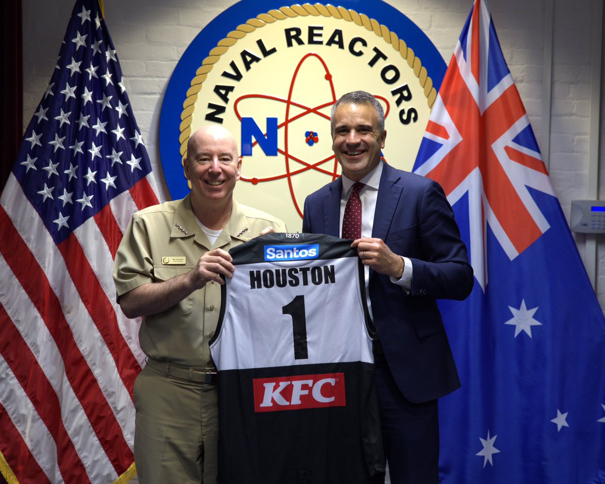 PMalinauskasMP's tweet photo. Great to catch up with Admiral Bill Houston, Director of the Naval Nuclear Propulsion Program (@USNavyNNPP) in Washington, for an insightful discussion with a significant leader when it comes to AUKUS.

(We also exchanged @Commanders and @PAFC guernseys) https://t.co/QrjWtjGig8
