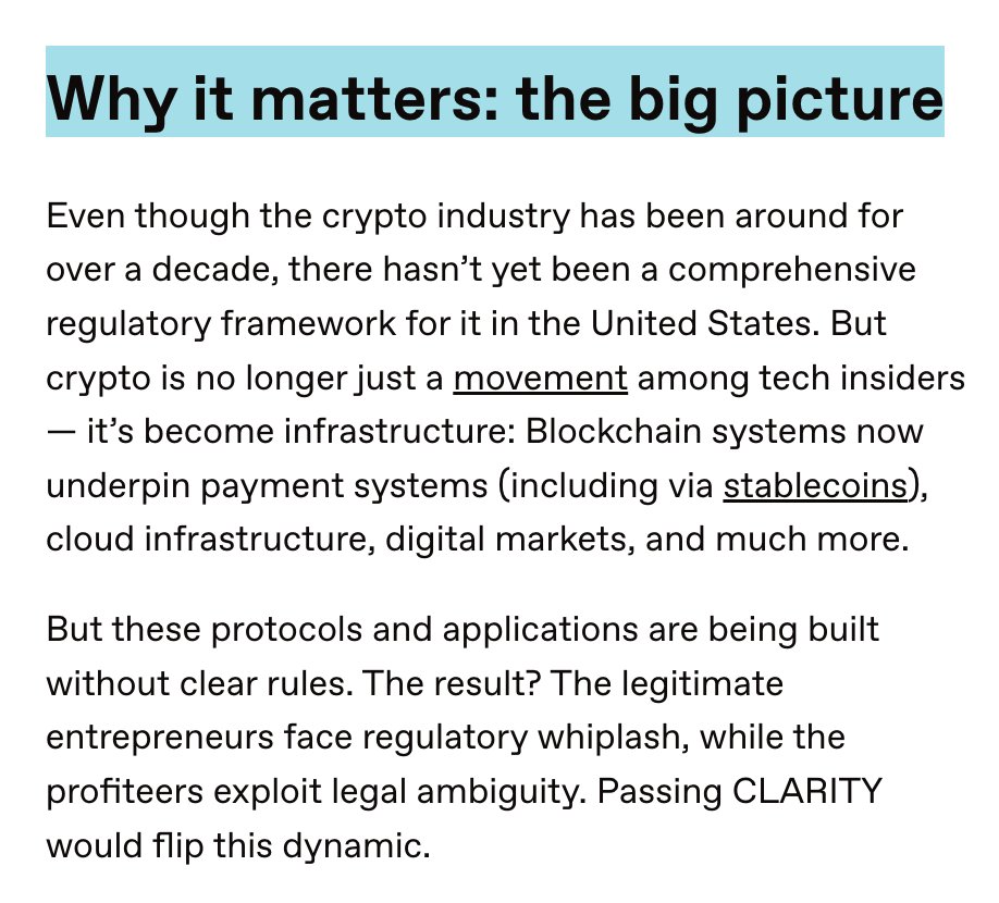 a16zcrypto's tweet photo. So why is everyone posting about the CLARITY Act?

Because crypto became infrastructure before the rulebook caught up. https://t.co/9AFVdQePDO