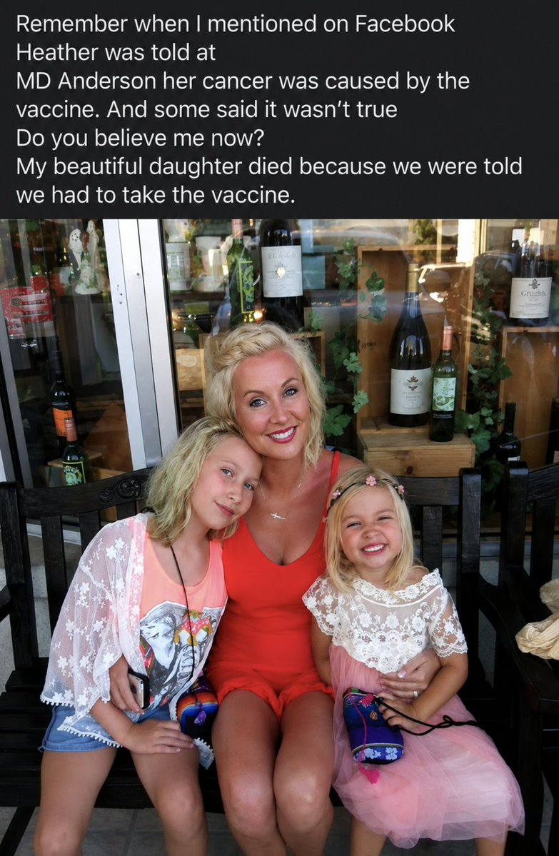 toobaffled's tweet photo. Heather was told her cancer was caused by the Vaccine 💉 at 
The University of Texas MD Anderson Cancer Center. 💔

“My beautiful daughter died because we were told we had to take the vaccine.”

- Bernice Givens -  ✍️ https://t.co/ilqX2ttYJP