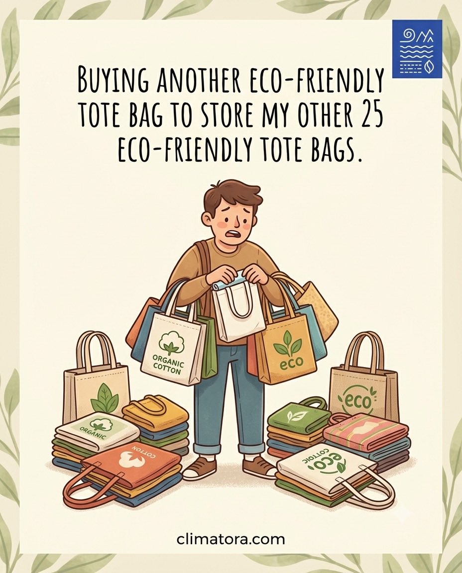 climatora's tweet photo. 😅 Sustainable shopping isn’t about collecting reusable bags—it’s about reducing the need to buy in the first place.
The greenest bag is the one you already own. ♻️🌍
#MindfulConsumption #SustainableLiving #LessIsMore #CircularEconomy #ClimateAction #Climatora https://t.co/PKCYsBKj2Y