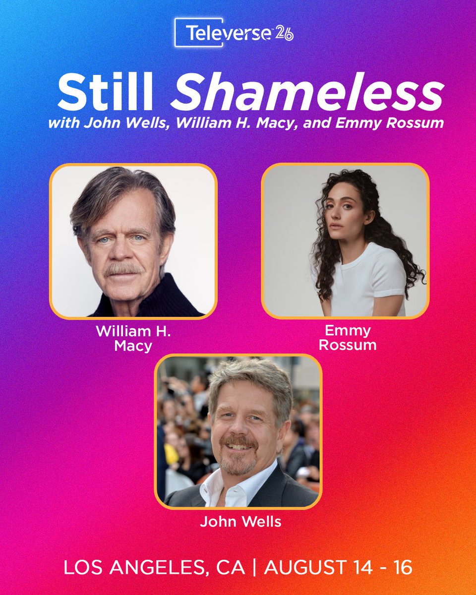TeleverseFest's tweet photo. A TELEVERSE 26 REUNION 📺 Fifteen years after the premiere of Shameless, EP John Wells and stars William H. Macy and Emmy Rossum are reuniting to revisit the Gallaghers in all their dysfunctional glory and reflect on the Emmy-winning dramedy.
🎟️ https://t.co/eCQwp035Ng https://t.co/zIbtpsIkwt