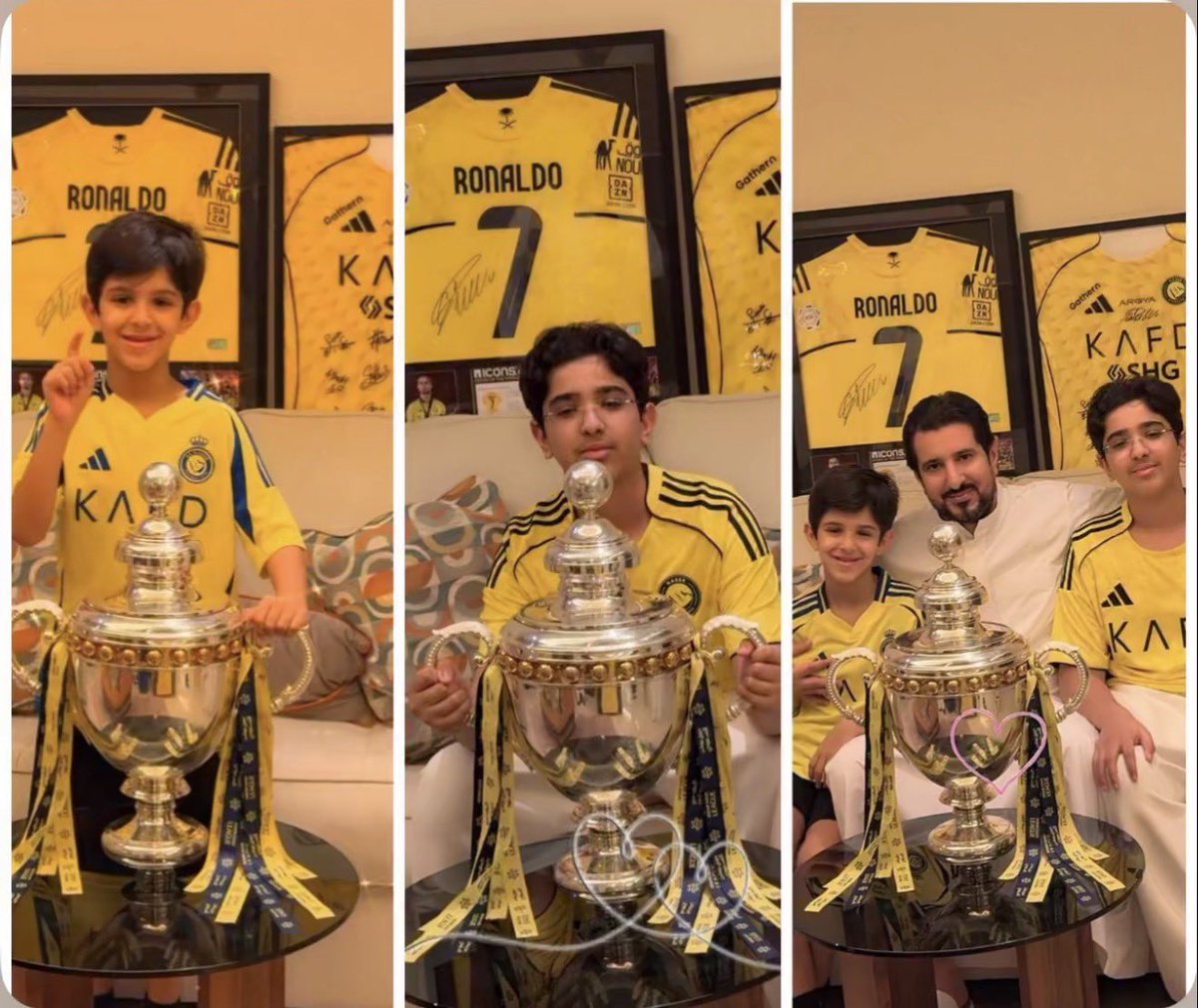 18s7_'s tweet photo. الاستاذ خالد المالك وأبنائه برفقة كأس الدوري 💛 https://t.co/Mx3Yyz5giH