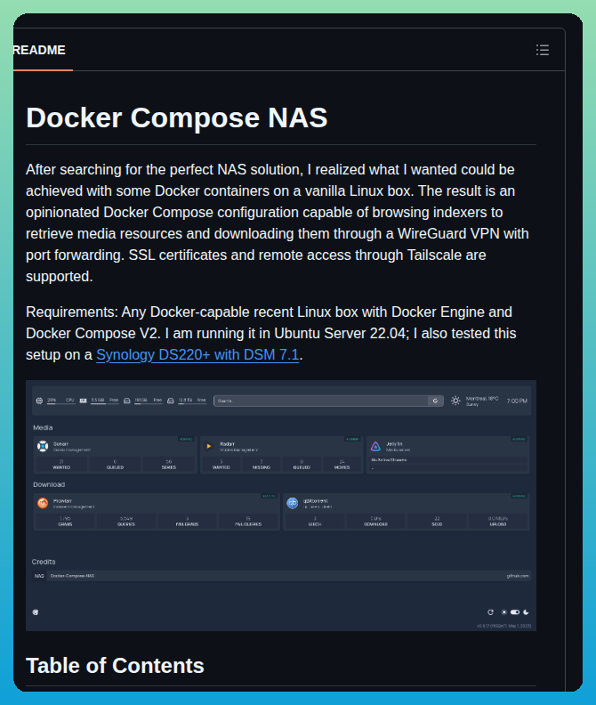 Docker Compose를 사용하여 미디어 관리자, 토렌트 클라이언트 및 Linux와 Synology 장치를 위한 보안 웹 접속을 통합한 대표 이미지