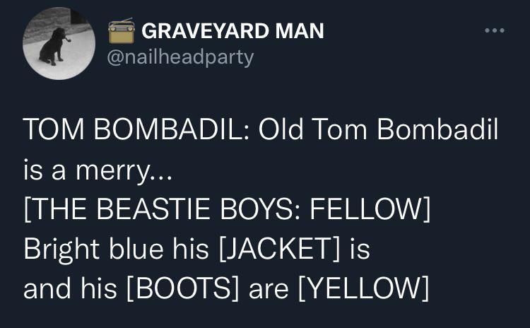 SandyofCthulhu's tweet photo. It's well known that I am not a fan of Tom Bombadil. Despite this, he bothers me SO MUCH that I'm on the verge of admitting he's a great literary construct because he's got such a hold on my mind. 

Then I saw the post(Isee below) now I want more Tom Bombadil if this is the style in which he is portrayed. 

Discuss.