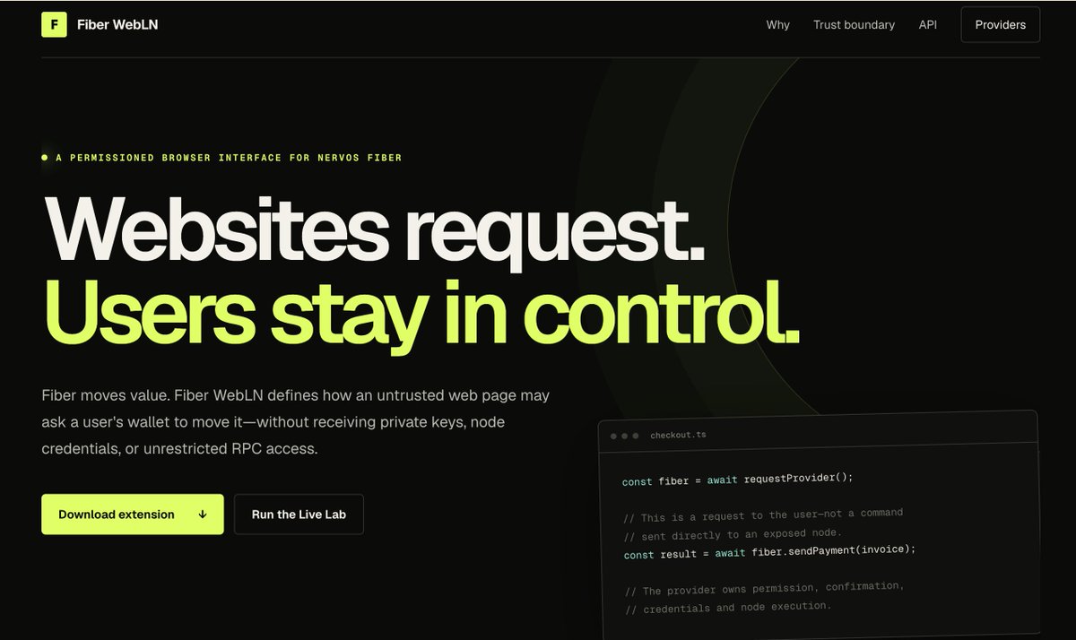 FiberDevs's tweet photo. Great ideas are always worth learning from. ⚡️ 
Inspired by Lightning's WebLN, a new community experiment explores an important question: 
When websites can request payments, how to make sure users remain in control? 

A web payment interface is never just about making API calls easier. It also about building the right boundaries between websites and users: 
→ What should a website be allowed to do? 
→ Which actions need user confirmation? 
→ How can users stay in control of their payment capabilities?  

Fiber WebLN explores a browser-facing interface where websites can request: Fiber actions, while users decide what is allowed. 
It creates a trust boundary between the page and the Fiber node: Fiber moves the money. Fiber WebLN governs how the web asks.  
It also shows how different Fiber node setups can work through the same interface, so websites don't need to care where the user's node is running. 

Try the demo: https://t.co/yWr90bIgdg
GitHub: https://t.co/60SxlSCFgb
Dev's thoughts: https://t.co/S4omYAqdg5