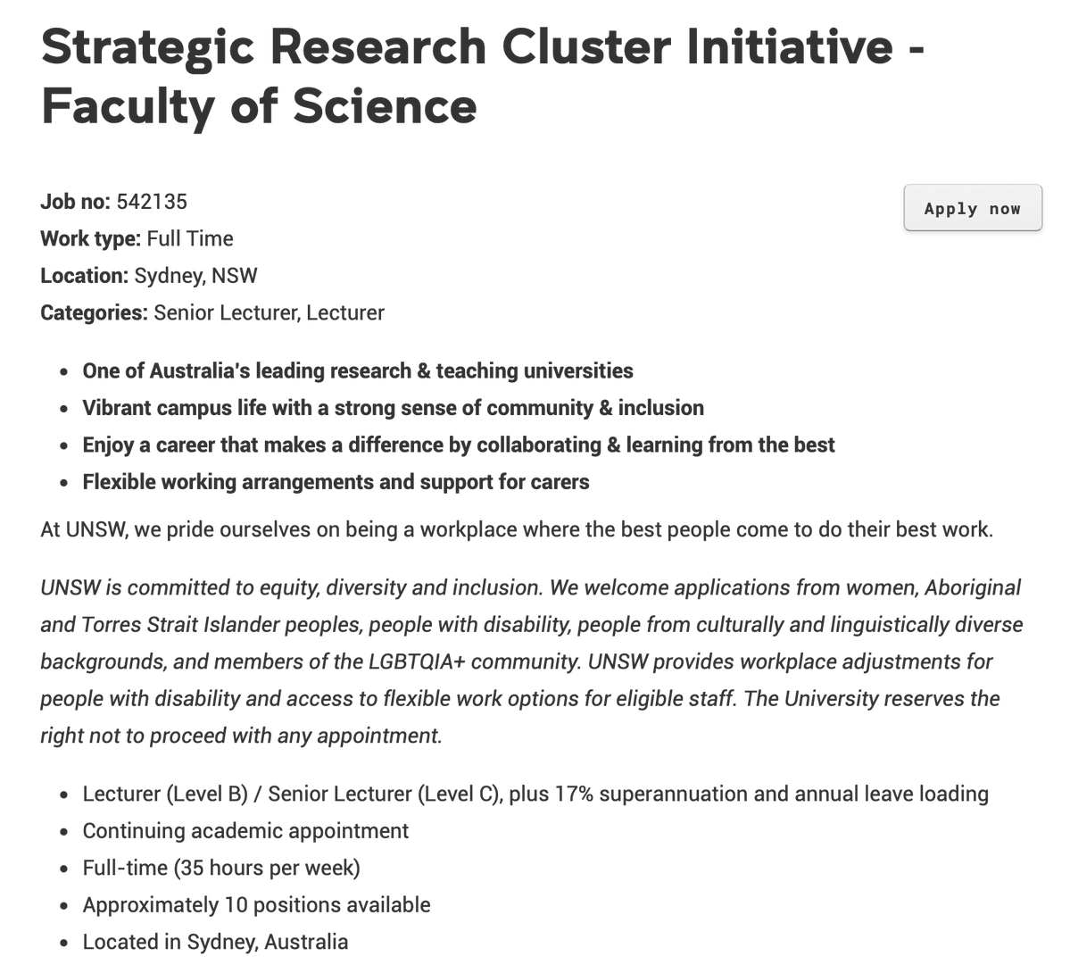 JamesLNuzzo's tweet photo. Today, just a few hours after I published my data brief on women-only hiring at Australian universities, a colleague sent me this current job advertisement at UNSW. The position isn't women-only, and UNSW says it will make its appointment based on merit. However, UNSW is still discriminating against men, because it isn't putting in equal effort and resources into recruiting men for the position. Below is the relevant excerpt from the advertisement:
"UNSW Science is committed to gender equity across our academic workforce. As part of this initiative, UNSW Science is seeking to achieve a recruitment outcome of at least 50% women through proactive attraction and equitable recruitment practices. All appointments will be made on merit. We strongly encourage applications from women, and from candidates of all backgrounds who will contribute to a diverse, inclusive and collaborative Faculty."
