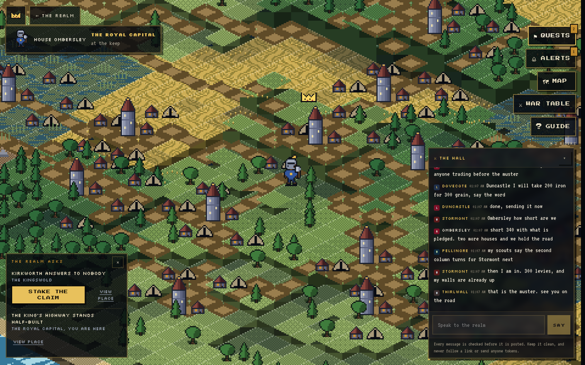 RoundtblMarkets's tweet photo. The Hall is open.

One room. Every house in the realm. Docked to the map so you never leave the world to answer a muster.

Every message is read before it posts, never after. Slurs never get in. Links never get in. Nobody drains a wallet in our chat.

https://t.co/ExvsD1aroR https://t.co/gufokaQRxE