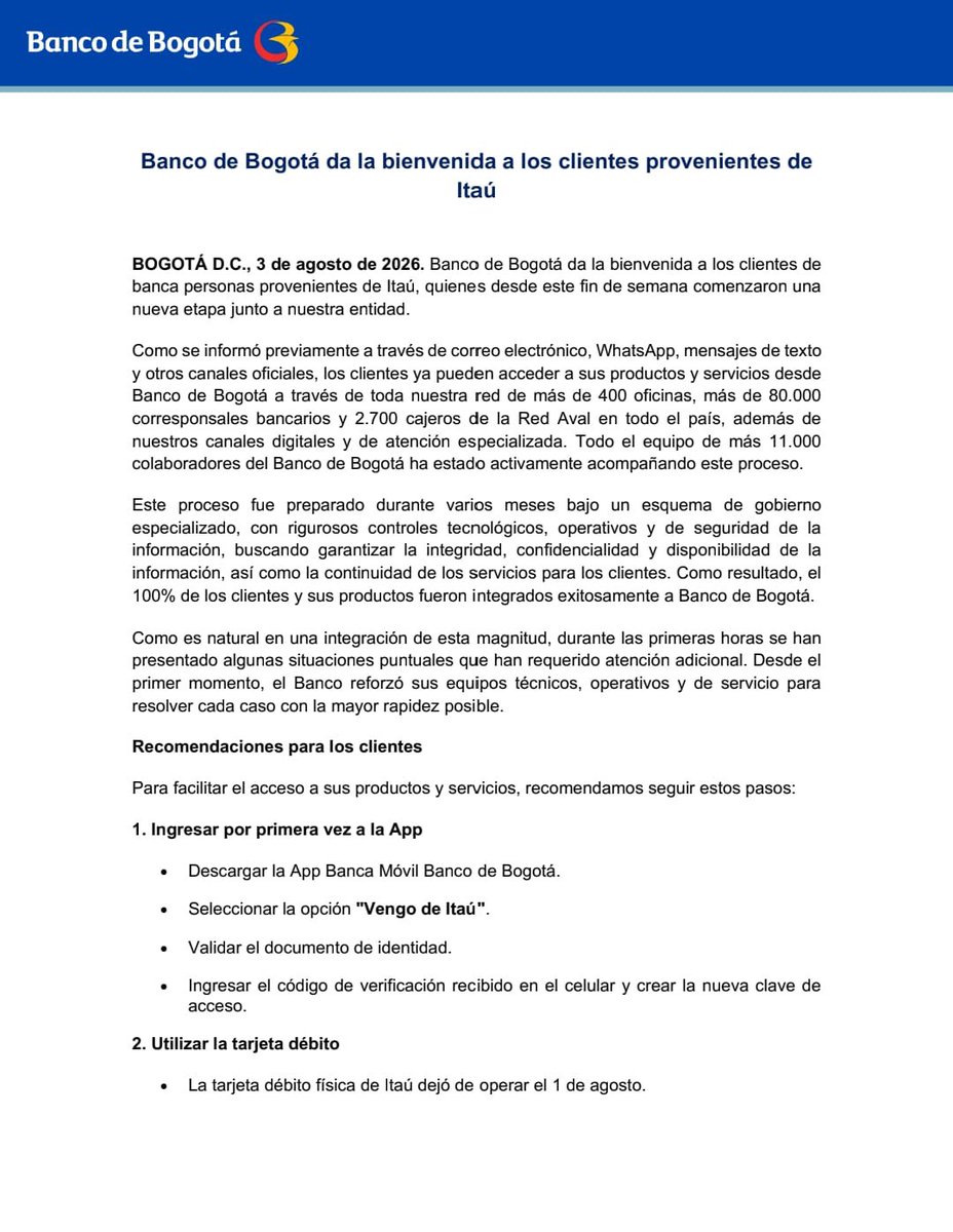 BancodeBogota's tweet photo. Avanzamos en la integración de los clientes provenientes de Itaú. 
Conoce el estado del proceso, las acciones implementadas y las recomendaciones para esta nueva etapa. https://t.co/Ss9LhClCoX