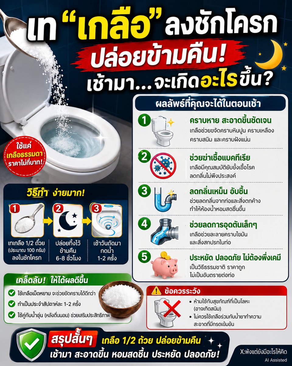 NO1CAPTION's tweet photo. เห็นคนแชร์กันเยอะมากว่า เทเกลือลงชักโครกแล้วปล่อยไว้ข้ามคืน ตื่นมาจะสะอาดเหมือนใหม่ 🧂🚽

เอาจริงนะ มันพอช่วยขัดคราบเบาๆ แล้วก็ลดกลิ่นได้บ้าง
แต่ไม่ได้ถึงขั้นฆ่าเชื้อหมดจด แล้วท่อตันหนักๆ ก็ช่วยไม่ไหวเด้อ 😅

ใครอยากลองก็ใช้ประมาณครึ่งถ้วย
ทิ้งไว้สัก 6–8 ชั่วโมง
ตอนเช้าค่อยขัดแล้วกดน้ำตาม

ที่สำคัญ อย่าเอาไปผสมกับน้ำยาล้างห้องน้ำมั่วๆ นะ
ของใกล้ตัวมันก็มีประโยชน์แหละ แต่ต้องใช้ให้ถูกวิธีด้วย

#เกลือล้างชักโครก #เคล็ดลับงานบ้าน #แม่บ้านต้องรู้ #รู้ไว้ก่อนลอง