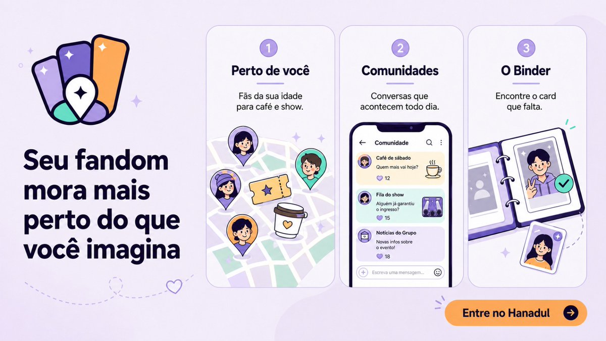 hanadulapp's tweet photo. Pesquisei e percebi que ainda não existia um aplicativo dedicado exclusivamente a conectar fãs de um mesmo fandom aqui no Brasil

Então resolvi desenvolver um 💜

Bem-vindos ao Hanadul~~

📍 Fãs perto de você
💬 Comunidades
📸 Binder de photocards https://t.co/IOV3wrpl5w