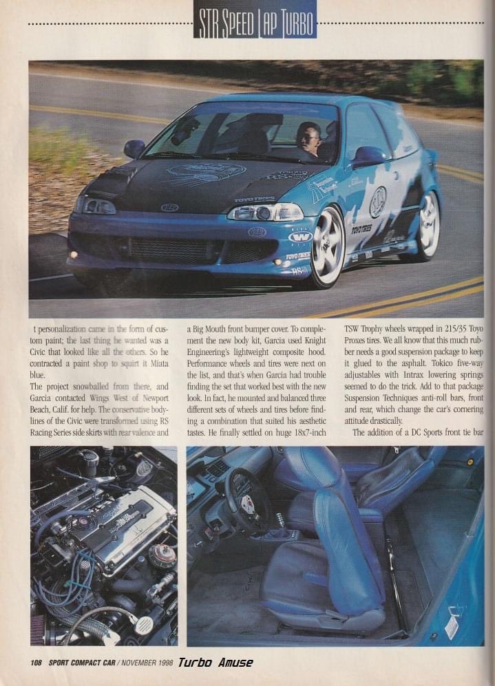 SPOCOMZ's tweet photo. Sport Compact Car November 1998, featuring LJ's slick '94 Civic hatchback wearing a Wings West Bigmouth full kit on Trophys and Modern Image graphics. 

📸: Turbo Amuse Scans (FB) https://t.co/zNK9Fp3yeF