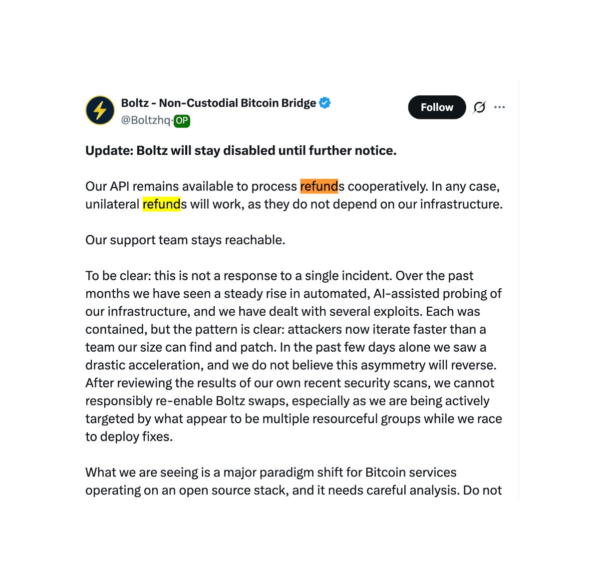 TheBlockCo's tweet photo. THE BLOCK: Boltz, a non-custodial bitcoin swap service, will remain offline indefinitely due to a surge in AI-assisted attacks on its infrastructure.

Boltz said no user funds were at risk, and refunds remain available. https://t.co/n50OTC7fao
