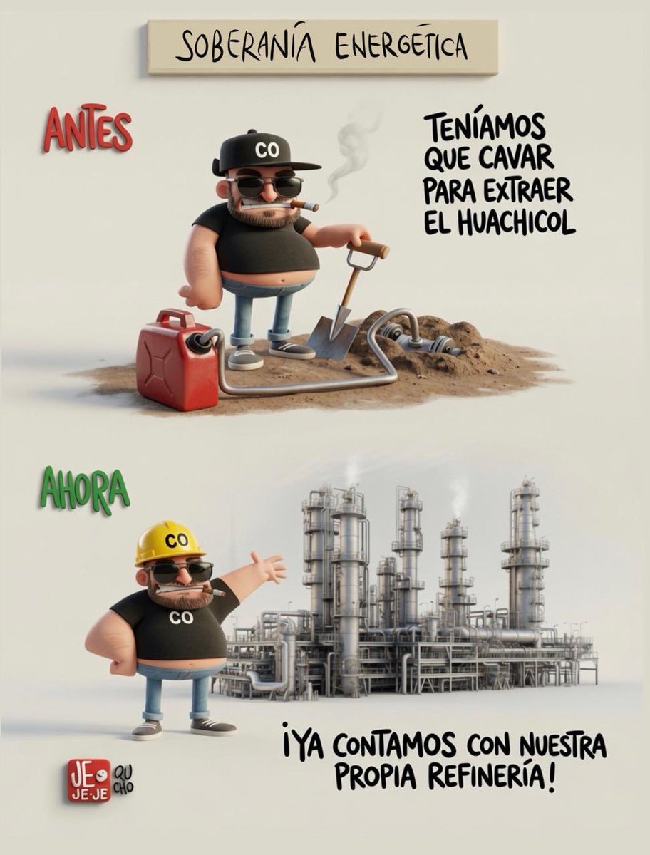 jejejepolitico's tweet photo. Antes había que cavar para encontrar el huachicol… ahora hasta le construyeron su propia refinería.

Eso sí que es soberanía energética: ya no se combate el negocio, se industrializa. ⛽🏭

Por @qucho 

#JejejePolitico https://t.co/0fPA1zeF9T