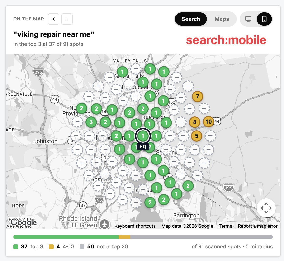 growth_eng's tweet photo. have been diving into seo for local service businesses

it's interesting to see the shape of local search data and it's subtleties...take for example, this local appliance repair business for a long-tail term

for google maps on mobile, this business ranks only within the city where it's located

for google search on mobile they have almost double the reach