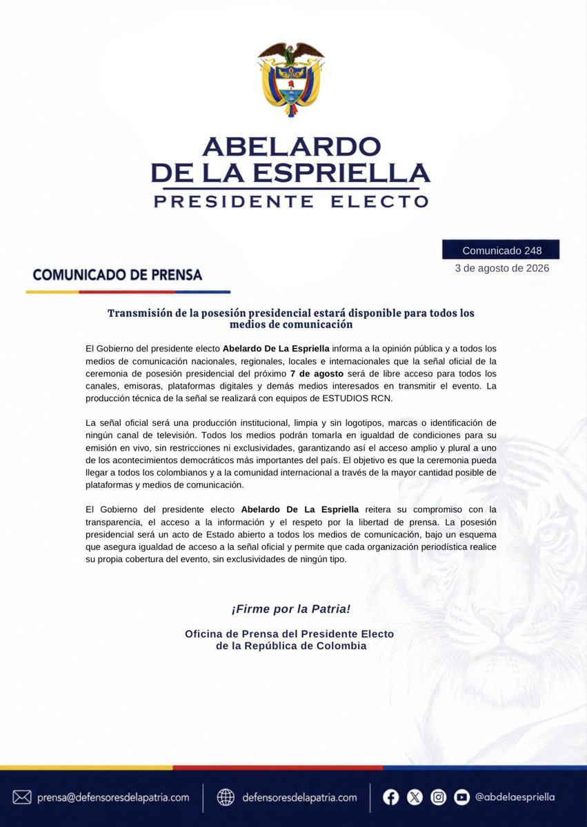 defensoresco's tweet photo. #ATENCIÓN | El Gobierno del presidente electo de Colombia, Abelardo De La Espriella (@ABDELAESPRIELLA), informó que la señal oficial de la ceremonia de posesión presidencial del próximo 7 de agosto estará disponible, de manera libre y gratuita, para todos los medios de comunicación nacionales e internacionales. La producción técnica de la señal estará a cargo de ESTUDIOS RCN.