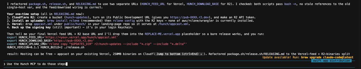 PrithviSeran's tweet photo. Cool use case for Hunch:

When setting up a server, bucket, or anything on a 3rd party service like Vercel, Cloudflare, AWS, etc, there will inevitably be manual steps that YOU have to make (creating and account, create the bucket and get the URL, set up the rules, etc). 

With the Hunch MCP, your agent can do those tasks for you without taking control of your Mac. Ship faster and don't break your flow!

Get Hunch now! https://t.co/GeB5haclfB