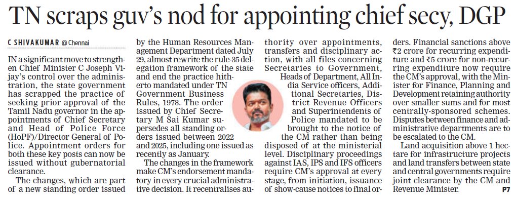 rajeshamlw's tweet photo. Great move @CMOTamilnadu 👏👏. Your action always speaks.  Taking controls.. 👌

🚨 Major administrative restructuring in Tamil Nadu

The State government has ended the practice of obtaining the Governor’s prior approval for appointing the Chief Secretary and Head of Police Force/DGP. Appointment orders can now be issued without gubernatorial (Governor related) clearance.

The revised framework also gives CM Vijay greater authority over key appointments, transfers and disciplinary matters involving senior bureaucrats.

Other changes include:
🔹 CM’s approval mandatory for expenditure above ₹2 crore (recurring) and ₹5 crore (non-recurring)
🔹 Major land acquisitions and inter-government land transfers require joint clearance from the CM and Revenue Minister

The new order replaces the standing instructions issued between 2022 and 2025.
📸The New Indian Express