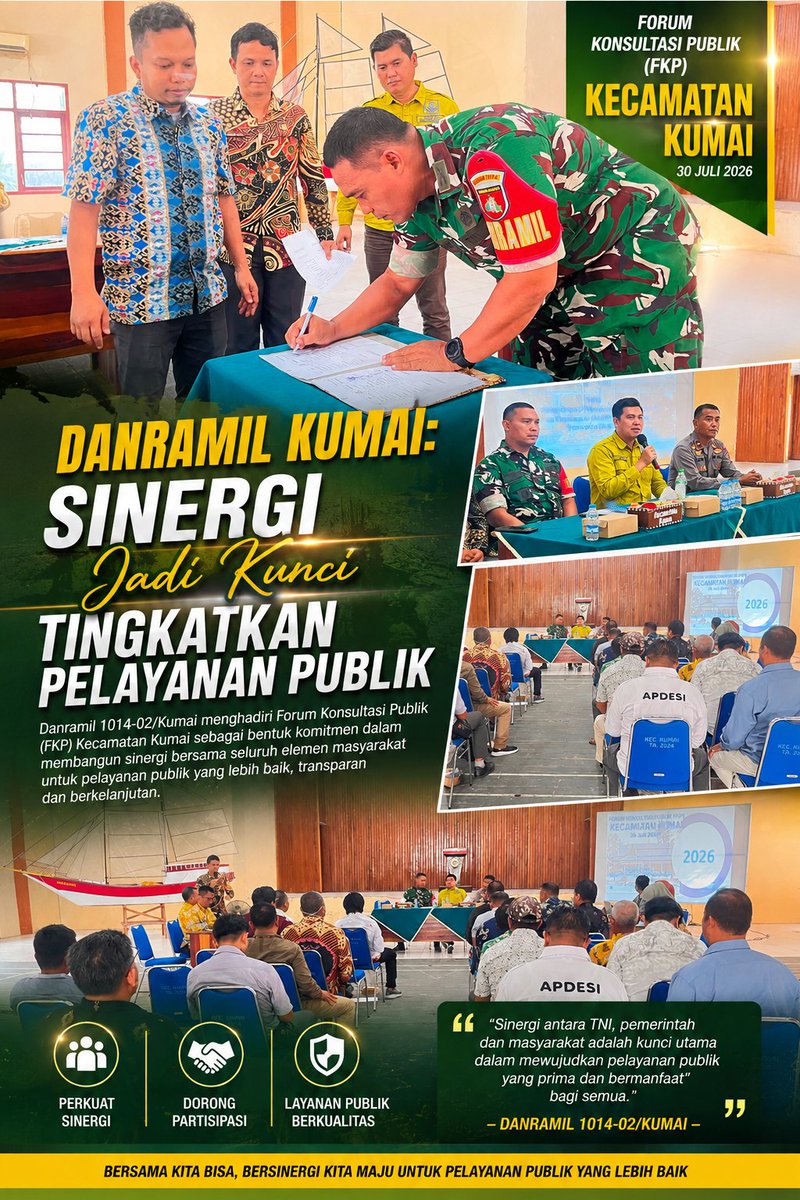 KodimPbn's tweet photo. Danramil Kumai: Sinergi Jadi Kunci Tingkatkan Pelayanan Publik

Kotawaringin Barat – Danramil 1014-02/Kumai Kapten Inf Faturrachman menghadiri Forum Komunikasi Publik bertema Pelaksanaan Standar Pelayanan Publik Tahun 2026 yang digelar di Aula Kecamatan Kumai, Kamis (30/7/2026). https://t.co/chAmAMAi1N