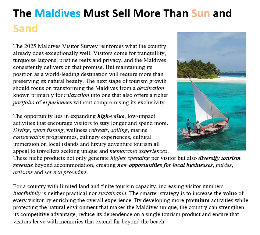 _mohamedimad's tweet photo. The #Maldives' future #Tourism success lies not in attracting more visitors, but in creating richer experiences that encourage every traveller to stay longer, spend more and return. #MaldivesTourism
#LuxuryTravel #WellnessTourism #AdventureTravel
#HighValueTourism
#VisitMaldives https://t.co/BtJAcOkICj
