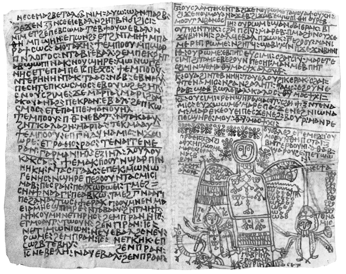 brndmng's tweet photo. This tenth-century Coptic magical spell shows the archangel Michael on the right, with two six-winged angelic attendants. The ritual instructions next to the image say: "A procedure for favor. Draw this image with the blood of a white dove. Bind it upon yourself. Offering: musk." https://t.co/jxlXmGC5YC