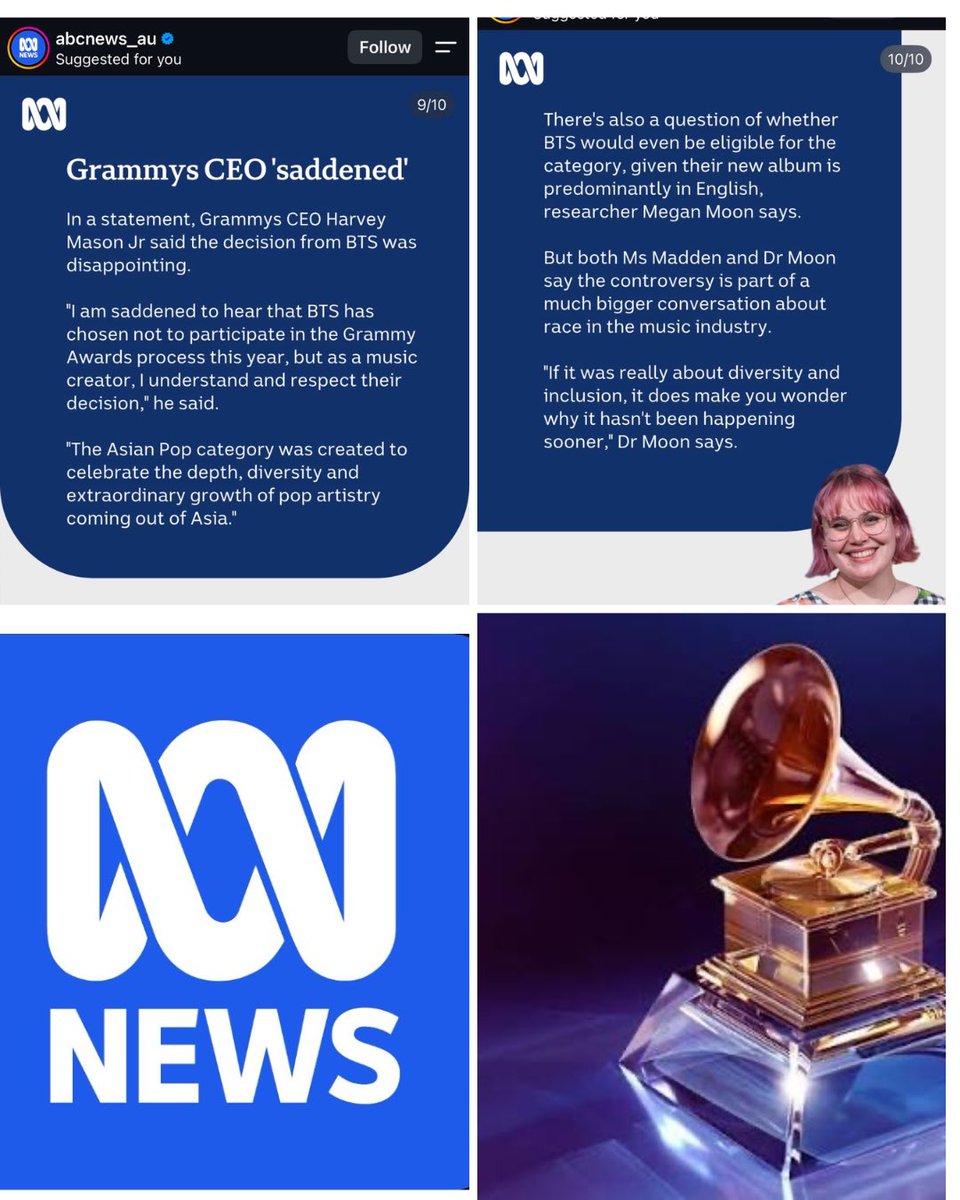 orul8ce's tweet photo. Abc Australia news post 👀👀👀👀 Dammm one post by BTS set the world to go after scammys lfg🔥🔥🔥🔥👏

K-pop powerhouse BTS has sent shock waves through the music world by boycotting the upcoming Grammy awards.

It comes off the back of The Recording Academy's decision last month to introduce an Asian music category.
The move has prompted questions from fans and experts about the need for a separate category👀👀👀🫩, given the widespread appeal of K-pop in particular.

https://t.co/Cqi0K7TUkv