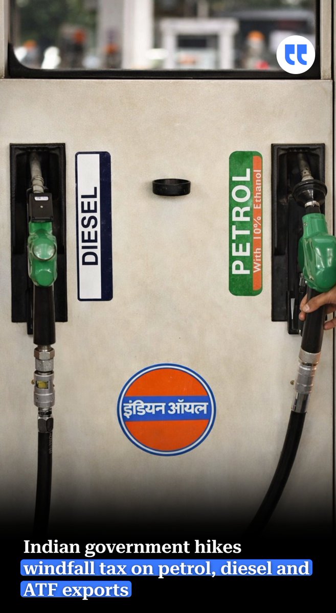 dailymattr_news's tweet photo. India hiked windfall taxes on fuel exports to safeguard domestic supplies amid Middle East oil volatility. Petrol duty rose to ₹3.5/L, diesel to ₹25.5/L, and aviation fuel to ₹22/L. Domestic fuel prices remain unchanged.
#India #FuelTax #Economy #Energy https://t.co/Ry7Lxg5ilF