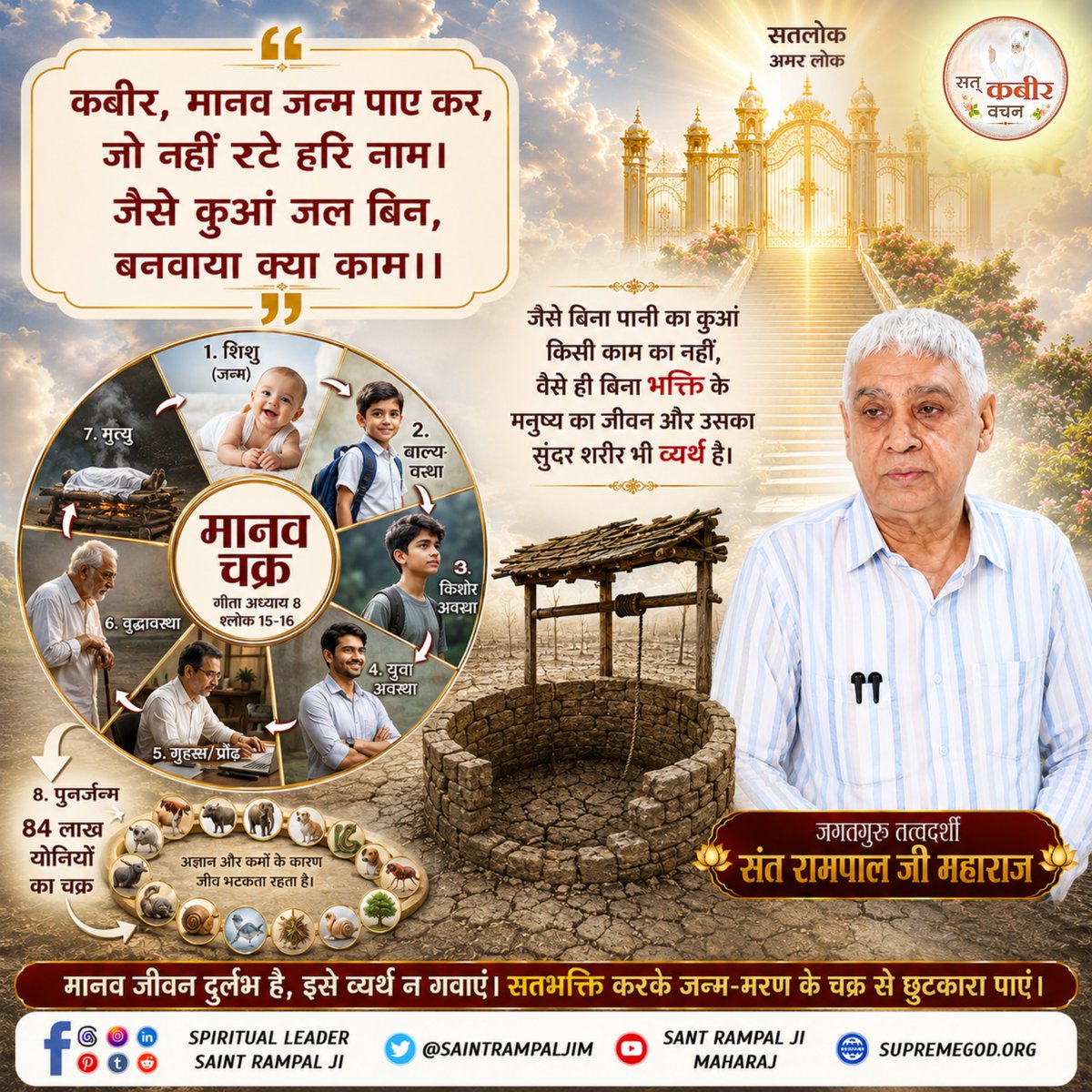 SatKabirVachan's tweet photo. कबीर, मानुष जन्म पाए कर, जो नहीं रटे हरि नाम।
जैसे कुआं जल बिना, बनवाया क्या काम।। 

जैसे बिना पानी का कुआं किसी काम का नहीं, वैसे ही बिना भक्ति के मनुष्य का जीवन और उसका सुंदर शरीर भी व्यर्थ है।
 
– जगतगुरु तत्वदर्शी संत रामपाल जी महाराज
#SatKabirVachan 
#GodMorningTuesday https://t.co/Xs1Dckz2M4