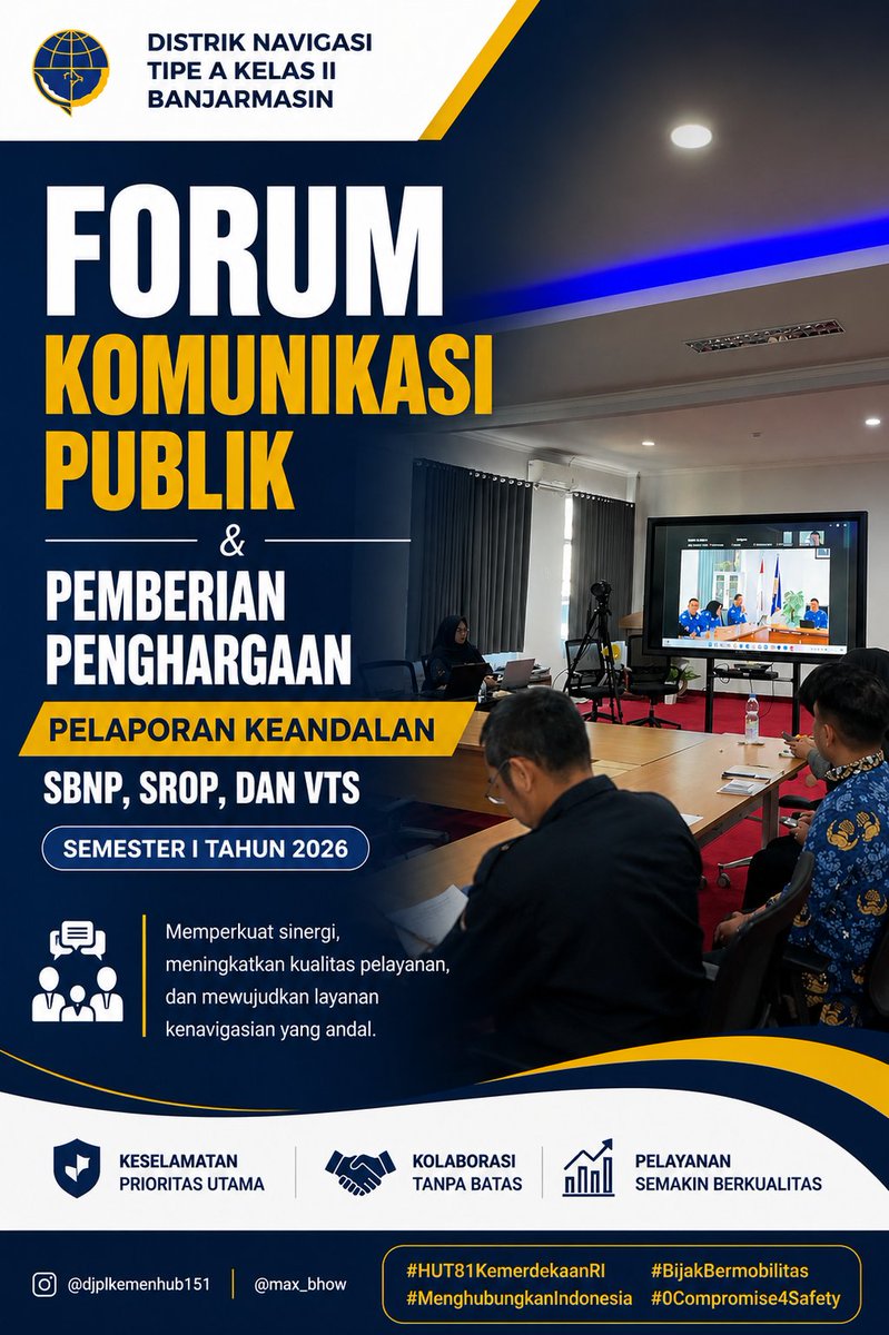 SmrtDisnavbjm's tweet photo. Halo Nanang Galuh #KakawanNav⚓ Keselamatan pelayaran terwujud melalui kolaborasi, komunikasi, dan komitmen yang berkelanjutan.
Distrik Navigasi Tipe A Kelas II Banjarmasin menyelenggarakan Forum Komunikasi Publik sebagai wadah memperkuat sinergi bersama para pemangku kepentingan https://t.co/dInxlLX7jq