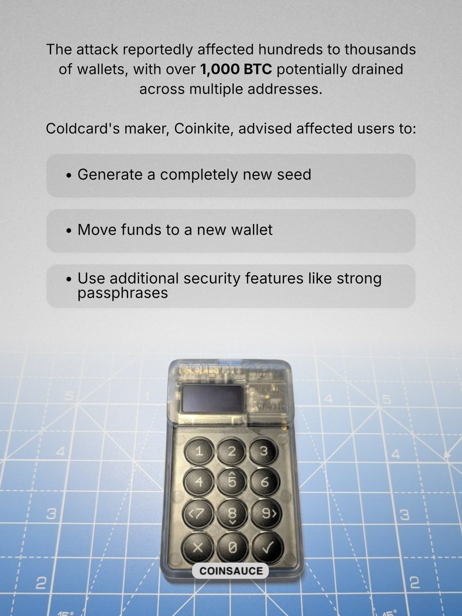 Coinsauce0's tweet photo. A Bitcoin user claims they lost 6.42 BTC from a Coldcard hardware wallet that had never been connected to the internet. The wallet was stored in a safety deposit box, with no seed phrase saved online and no signs of phishing or malware. The reported loss comes after a recently https://t.co/SlyOEHEXCm