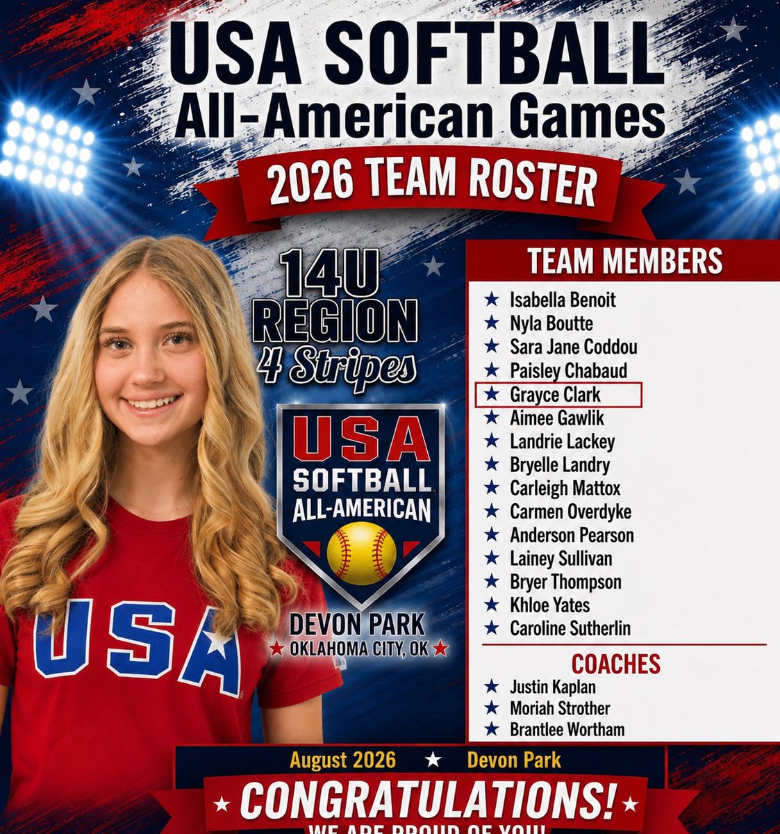 GClark_2030's tweet photo. Straight from California 🌴🌴 winning the 🏆🏆 PGF National  to Oklahoma City to play in the 2026 USA Softball All American Games....🇺🇸🇺🇸

@BHMBolts2030 @_DCHSoftball 
@CamWoodBats https://t.co/RyUohj7Anr
