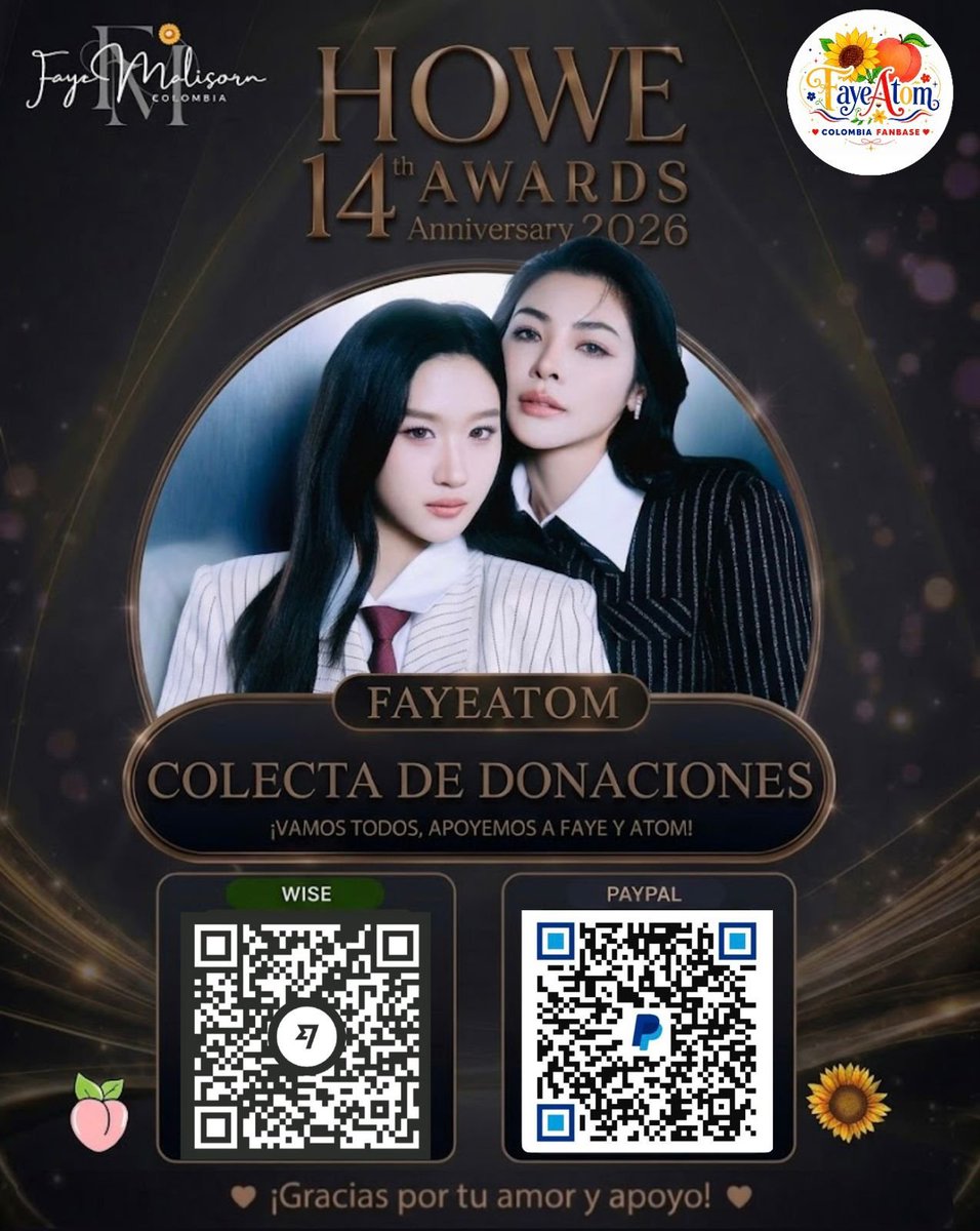 FayAtomColombia's tweet photo. Las fanbases FayeAtom Colombia 🇨🇴 y Fayemily Colombia 🇨🇴 continuamos con la recaudación para apoyar a nuestras chicas en los Howe Awards. 💜

¡Nos quedan solo 6 días! Las votaciones cierran el 9 de agosto, por lo que cada aporte y cada voto serán muy importantes durante esta recta final.

Actualmente, el 20 % de la puntuación corresponde a votos gratuitos y el 80 % a votos de pago. Nuestro objetivo es apoyarlas en ambas modalidades para darles la mejor oportunidad posible.

Si deseas colaborar, puedes hacerlo con el monto que consideres a través de las siguientes opciones:

🌍 Fans internacionales: PayPal y Wise.
🇨🇴 Fans en Colombia: Nequi y Bancolombia.

Los datos de las cuentas se encuentran en la imagen.

No importa la cantidad, cada aporte suma y nos acerca un paso más a nuestra meta. Gracias por creer en Faye y Atom y por seguir demostrando la unión y el compromiso de nuestra comunidad. 🌷🌻

#FayeAtom #ฝ้ายอะตอม 
#FayePeraya #ฝ้ายพีรญา
#AtomPariya  #อะตอมปริยะ