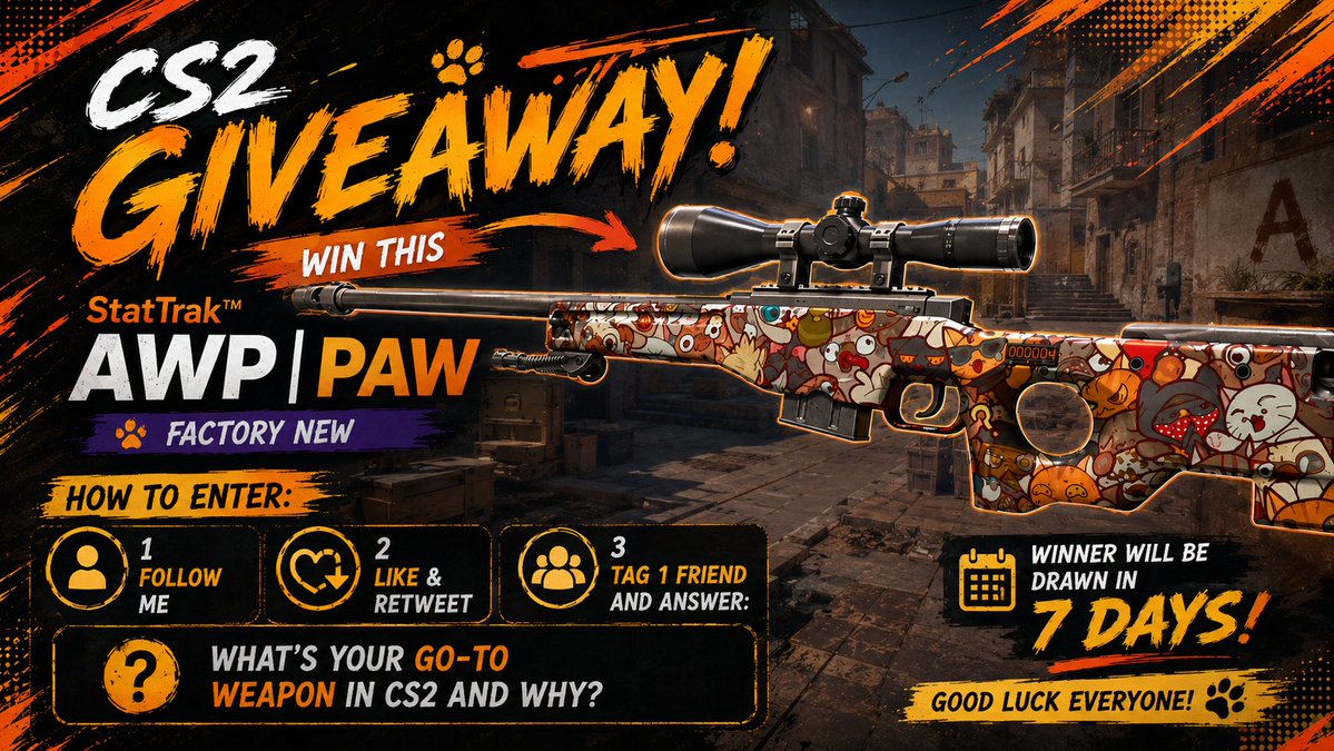J1mmyLuck's tweet photo. 🎁 CS2 WEEKLY GIVEAWAY! 🎁

🏆 Prize:
StatTrak™ AWP | PAW (Factory New)

How to enter:
✅ Follow me
❤️ Like &amp; Repost
👥 Tag 1 friend and answer:
💬 What's your go-to weapon in CS2 and why?

🍀 Winner will be drawn in 7 days

Good luck everyone!
#CS2 #CS2Giveaway https://t.co/xZemGK8MIS
