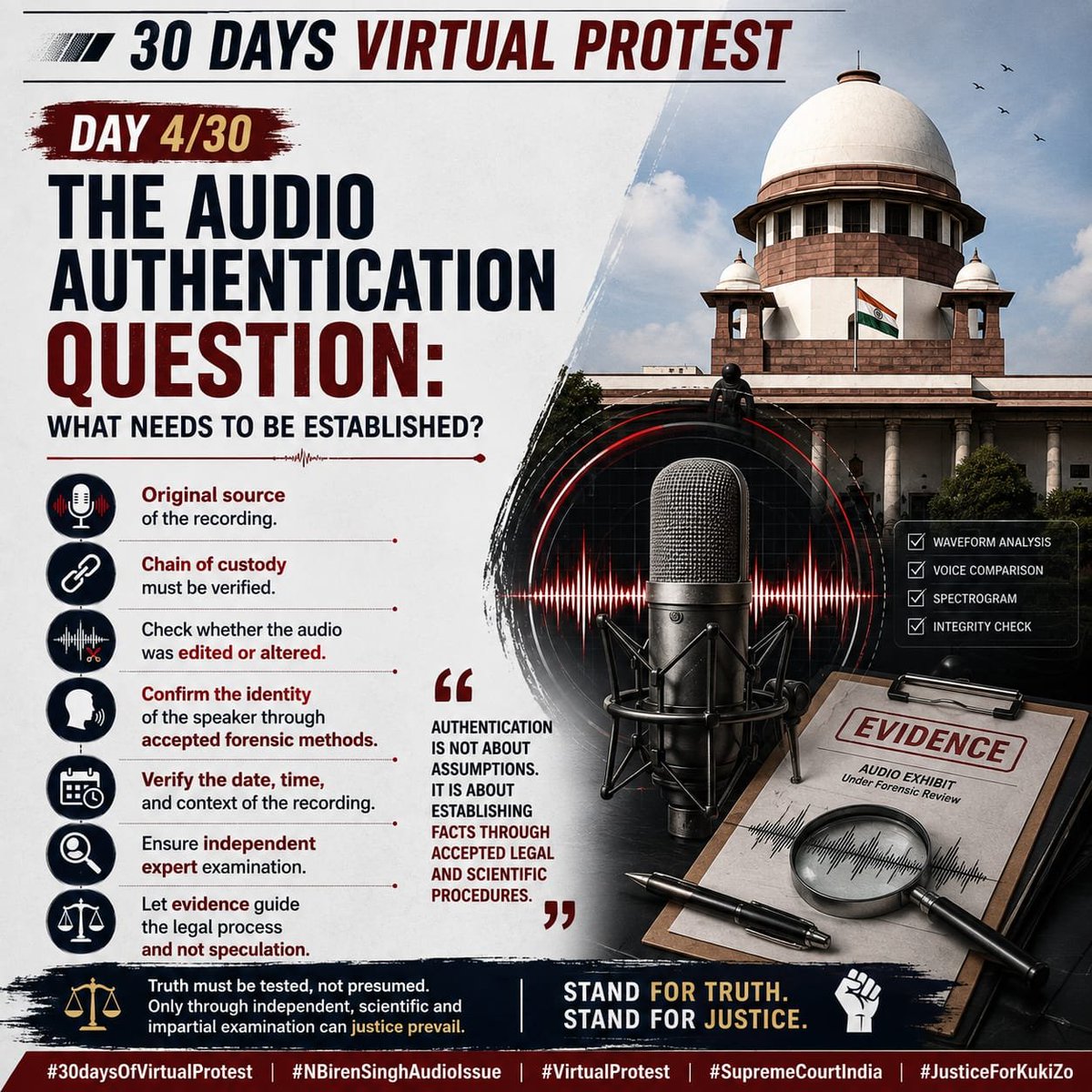 AriesHaoneoKuki's tweet photo. DAY 4/30

An audio recording can carry serious allegations.But allegations must be tested against evidence.

The key question is not:

“Who believes the audio?”

The question is:
Can its authenticity be independently established.

#NBirenSinghAudioIssue #30DaysofVirtualProtest https://t.co/l9htSEQUtD