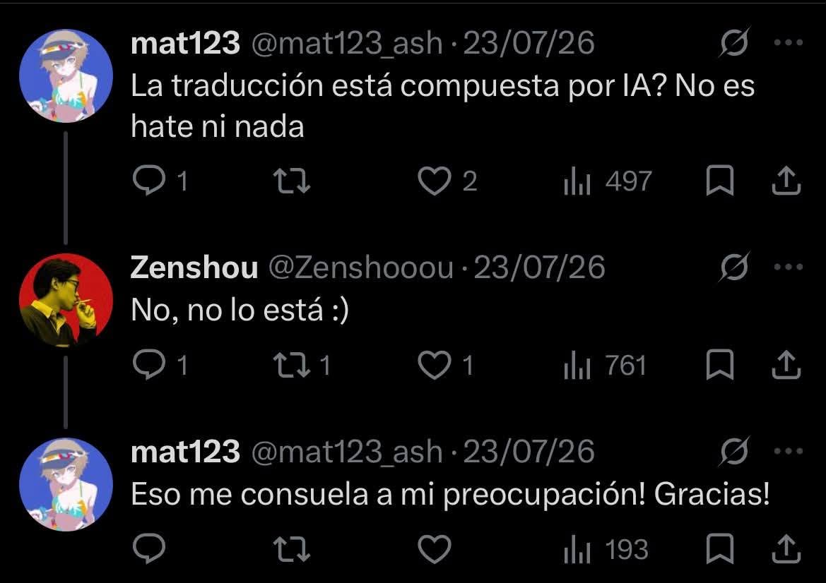TQMPNJRP's tweet photo. Comunicado final respecto a la fan traducción de Persona 1:

El día sábado 1 de agosto, el usuario Zenshou subió a su página web una fan traducción de Persona 1 para PSP. Sin embargo, pocas horas después de su publicación surgieron críticas y controversias dentro del fandom. En esta publicación expondremos la información al respecto, y la tarea más difícil dependerá de los lectores.

1. El sitio web de Zenshou contiene varias fichas de proyectos que ha realizado, que realizará y un Ko-fi para donaciones. Su ficha de Persona 1 fue marcada como "Completada y corregida al 100 %" al momento de subir la fan traducción. La ficha contiene diez archivos para descargar. Cuatro de ellos contienen la ISO original del juego parcheada con su traducción al español. Un archivo contiene únicamente el parche de traducción, y los otros tres están combinados con distintos mods. Estos mods son: Restauración de la música original de PS1, Texturas HD y Arreglo del % de Encuentros Aleatorios.

2. La primera controversia empieza aquí, dado que el usuario Zenshou utilizó estos mods, ajenos a su propiedad, sin el consentimiento de sus creadores ni créditos claros. En el sitio web de Zenshou, la autoría de los mods no aparece en la descripción y, en el archivo .txt. con instrucciones de uso, tampoco se acreditó correctamente a sus autores. Uno de los diez archivos, una carpeta ZIP con un parche para corregir los acentos de la fan traducción, sí contiene un archivo .txt. con los créditos de los mods utilizados.

3. Adicionalmente, surgió otra controversia debido al comentario Anónimo #58 en la ficha de Persona 1, donde se le preguntó: "¿Quién hizo el apartado de RomHacking?". Zenshou respondió que todo lo había hecho él. Posteriormente, le señalaron que uno de los mods había sido creado por el usuario Megaflan, conocido en la comunidad y que actualmente trabaja en Persona 2: Innocent Sin. Ante ello, Zenshou se rectificó y respondió que "Todo lo que es referente a la traducción lo hizo él". Por lo expuesto en este punto y en el anterior, fue acusado de apropiarse de los mods e intentar atribuirse su autoría.

4. La segunda controversia apareció al jugar utilizando la fan traducción. Independientemente de las opiniones, existen bugs, diálogos extraños y omisiones de rasgos característicos de los personajes que evidencian un trabajo poco cuidado. Incluso el propio autor, Zenshou, ha declarado que su traducción es "mediocre y mejorable", que acepta las críticas y que busca mejorar el proyecto. En ese sentido, horas después del inicio de la controversia y de las acusaciones, prometió publicar las herramientas que utilizó para que cualquier persona pudiera mejorar su trabajo, cosa que cumplió al día siguiente en un comentario de un video de YouTube de su canal: https://t.co/NNB0yeSVo0

5. Los problemas presentes en el texto de la fan traducción llevaron no solo a críticas por publicar un trabajo poco cuidado, sino también a acusaciones de haber utilizado IA durante el proceso de traducción. El usuario Zenshou ha negado haber hecho uso de IA, algo que puede apreciarse en un tweet del mes de junio, donde respondió negativamente cuando se le hizo esa misma pregunta.

6. El día de hoy, en su canal de YouTube, Zenshou compartió un enlace a las herramientas que habría utilizado para realizar su fan traducción, junto con un archivo .txt. explicando su situación. En dicho archivo cuenta que se habría inspirado en dos elementos en particular. En primer lugar, en la herramienta "PersonaFlowReader", hecha por los usuarios TopCape y MegaFlan, la cual modificó y utilizó para realizar la traducción. Pueden encontrarla aquí: https://t.co/pEoM2yJQkA

7. En segundo lugar, en una traducción del juego al español que se encuentra en GitHub; sin embargo, no especificó cuál era ni de quién pertenecía.

7.5. Dado que el usuario no especificó qué traducción encontró en GitHub, realizamos una búsqueda en dicho repositorio y encontramos únicamente una traducción realizada por el usuario josé-chavez96, la cual logró traducir casi todo el texto del juego, quedando pendiente únicamente la interfaz. Esta traducción fue realizada con IA e incluso Claude aparece acreditado en la página: https://t.co/uDDGVc9eaK

8. Respecto a las herramientas que liberó en el comentario de su video, los contenidos liberados contienen referencias a un contenedor "CV2". El nombre "CV2" no hace referencia a ninguna identificación de formato por parte de Atlus, si no que el nombre viene del código del usuario Megaflan.

9. Finalmente, señalamos que la página web del usuario Zenshou ha perdido las fichas de sus proyectos en dos ocasiones, por lo que, al momento de publicar este comunicado, no se encuentra disponible para descargar ninguno de los archivos. El usuario ha mencionado que esto se debe a problemas de copyright, dado que publicar ISOs de videojuegos es ilegal. Esto es cierto y, en otras ocasiones, sitios web que alojaban este tipo de archivos han sido dados de baja por completo. Sin embargo, en este caso el sitio web no ha sido eliminado; únicamente se han retirado las fichas de sus proyectos, incluso aquellas que no contenían archivos, sin previo aviso ni notificación al usuario, según lo que ha declarado el propio Zenshou.

Estos son los hechos confirmados.

Si han leído hasta aquí, se los agradecemos mucho y los dejamos con la tarea más difícil de todas: Formar una opinión real.