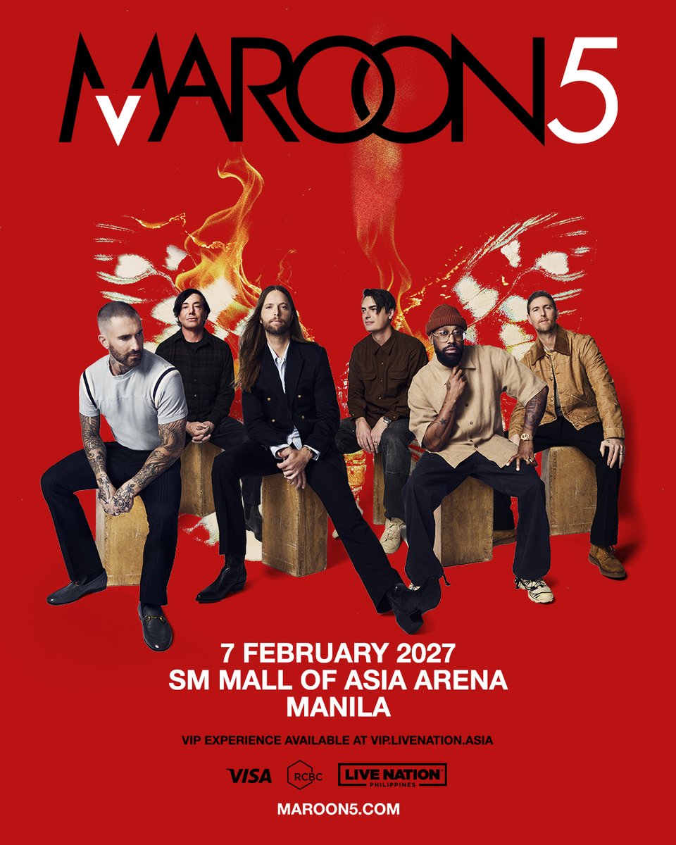 livenationph's tweet photo. Is Maroon 5 still stuck inside your head like your favorite tune? 🎶

Well, it's time to hear those favorite tunes LIVE in Manila! 🥰

Mark your calendars!
Maroon 5 Asia 2027 Tour in Manila
📅February 7, 2027
SM Mall of Asia Arena

Get your tickets on these dates:
Artist Presale: August 12, 12PM – 11:59PM
➡️Register and pay at https://t.co/Qv1FggEg5Y to receive a unique code for ticket purchases on our ticketing platforms.

Visa Presale:
RCBC Visa Infinite Presale: August 13, 10AM – 6PM
➡️Exclusive pre-sale with Visa Infinite at https://t.co/6pRzCNbtRk

RCBC Visa Credit Card Presale: August 13, 9PM – August 14, 10AM
➡️ Get early access with Visa at https://t.co/6pRzCNbtRk

LNPH Presale: August 14, 12PM – 11:59PM
➡️Create an account and log in at https://t.co/TFXFfjwHBP to access the presale.

General Onsale: August 15, 12PM
➡️via https://t.co/BzT8Iq0dHa

#Maroon5inManila