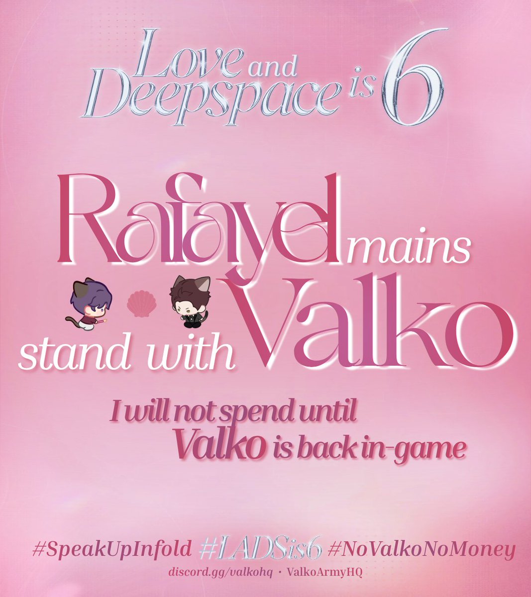 LenaInLinkon's tweet photo. LADS IS 6!! ⭐⭐⭐⭐⭐⭐

We are starting a new trend! No matter who you main you can let everyone know you are fighting for the global voice and standing with Valko! Attached are 6 graphics, you can use whichever suits you. You can also get a matching avatar frame here! https://t.co/14DkeZg5nk

Add #LadsIs6 and #SpeakUpInfold to your mix!  (If you're using a big mix of tags just alternate them) 

Go get yours! AWOOO! 

Feel free to share the website with everyone it has all the graphics ready for download on it too. 

#BringValkoBack #NoValkoNoMoney #ValkoIsLoved