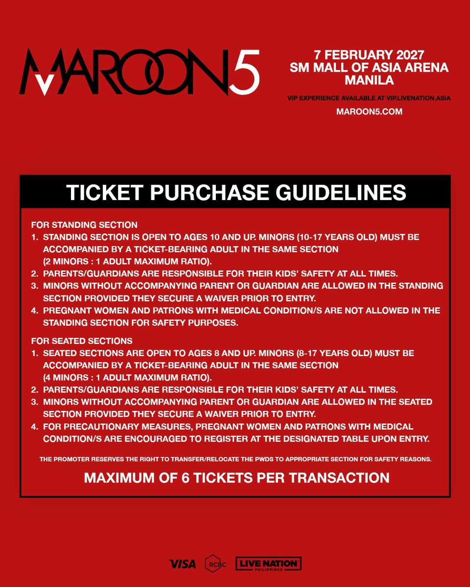 livenationph's tweet photo. Is Maroon 5 still stuck inside your head like your favorite tune? 🎶

Well, it's time to hear those favorite tunes LIVE in Manila! 🥰

Mark your calendars!
Maroon 5 Asia 2027 Tour in Manila
📅February 7, 2027
SM Mall of Asia Arena

Get your tickets on these dates:
Artist Presale: August 12, 12PM – 11:59PM
➡️Register and pay at https://t.co/Qv1FggEg5Y to receive a unique code for ticket purchases on our ticketing platforms.

Visa Presale:
RCBC Visa Infinite Presale: August 13, 10AM – 6PM
➡️Exclusive pre-sale with Visa Infinite at https://t.co/6pRzCNbtRk

RCBC Visa Credit Card Presale: August 13, 9PM – August 14, 10AM
➡️ Get early access with Visa at https://t.co/6pRzCNbtRk

LNPH Presale: August 14, 12PM – 11:59PM
➡️Create an account and log in at https://t.co/TFXFfjwHBP to access the presale.

General Onsale: August 15, 12PM
➡️via https://t.co/BzT8Iq0dHa

#Maroon5inManila