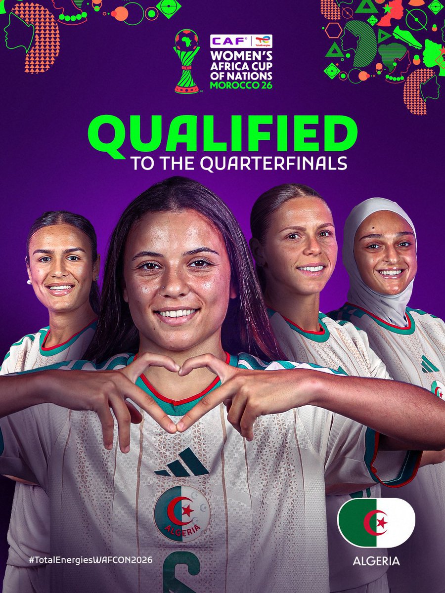 SWorld77267's tweet photo. 📊 The Algerian national team qualifies for the quarter-finals of the Women's Africa Cup of Nations 2026 after winning 2-0 against Kenya.
 #LesVertes⁩ | #WAFCON2026 | 
#TotalEnergiesWAFCON2026 https://t.co/h1GG00RFiW