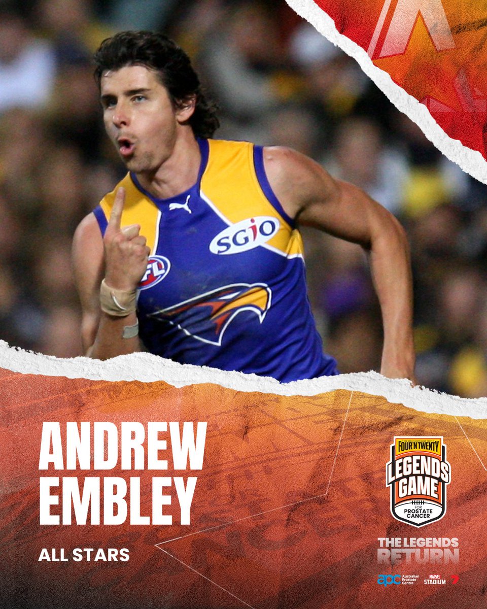 Legendsgameau's tweet photo. Norm Smith Medallist Andrew Embley is BACK for the All Stars! 🤩

The former Eagle will be in full flight on August 27! Get your tickets at https://t.co/cvVR8QJ1qW 🔗

@7AFL | @AustProstate | @FOURNTWENTY | @marvelstadiumau | @1116sen https://t.co/C6yaQcDIXP
